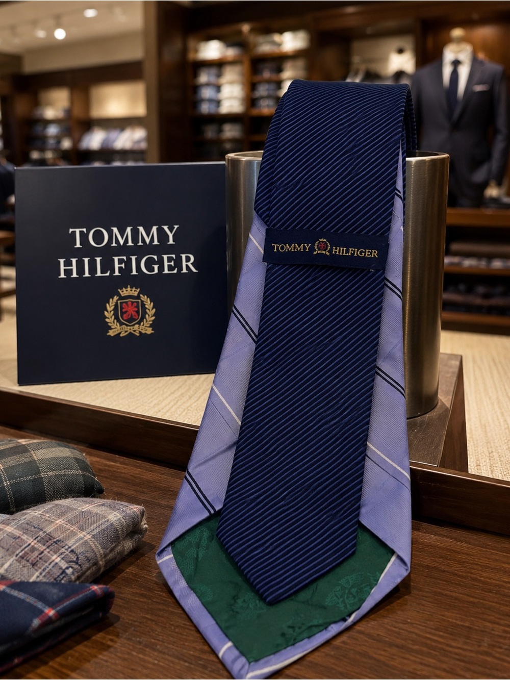 Tommy Hilfiger Striped Navy and Lavender Silk Tie